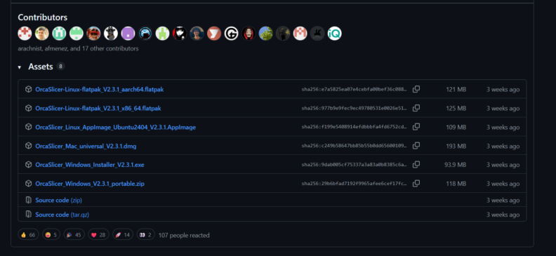 Screenshot of Github asset downloads section