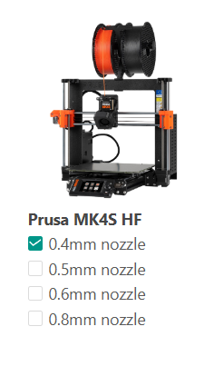 Screenshot of OrcaSlicer Prusa printer selection