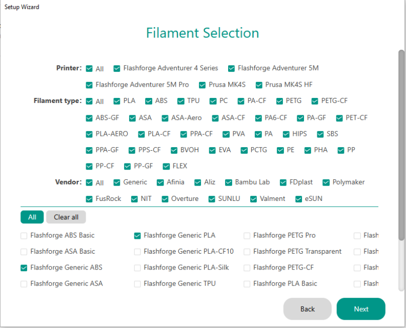 Screenshot of OrcaSlicer filament selection