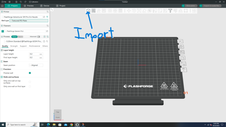 Screenshot of OrcaSlicer home layout page with import button highlighted