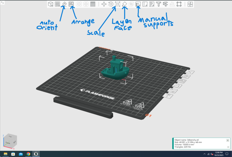 Screenshot of OrcaSlicer home layout page with toolbar actions labelled