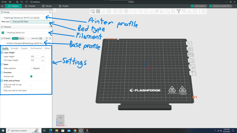 Screenshot of OrcaSlicer home layout page with printer settings highlighted