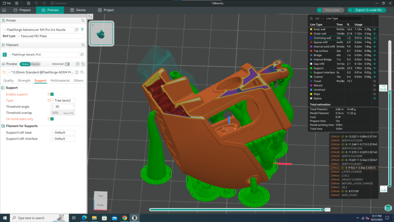 Screenshot of OrcaSlicer slicing preview layout