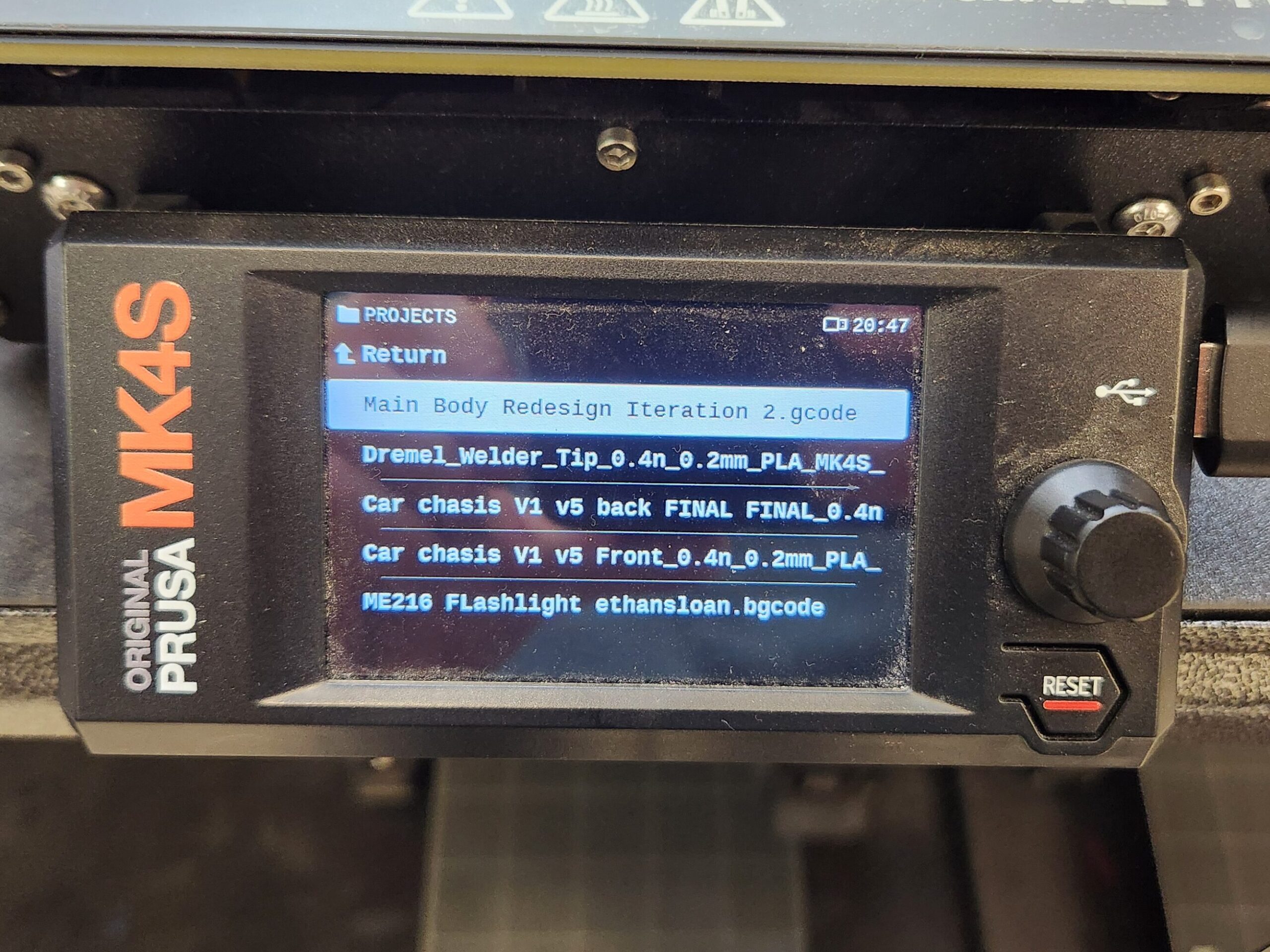 Picture of Prusa printer file selection screen