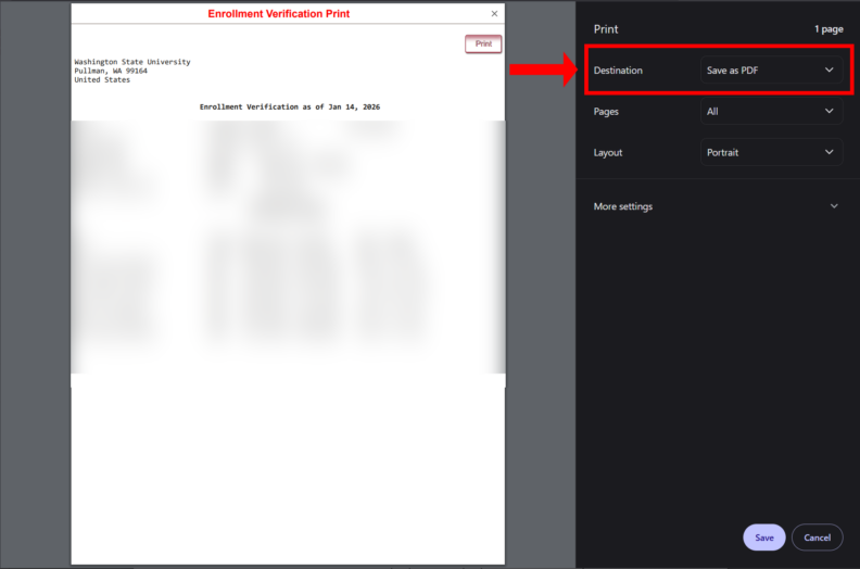 A screenshot of a web browser's print dialog, and the Destination section highlighted, with the correct option