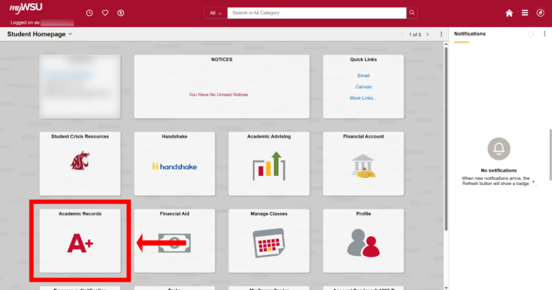 A screenshot of the my.wsu.edu homepage, with the Academic Records menu item highlighted