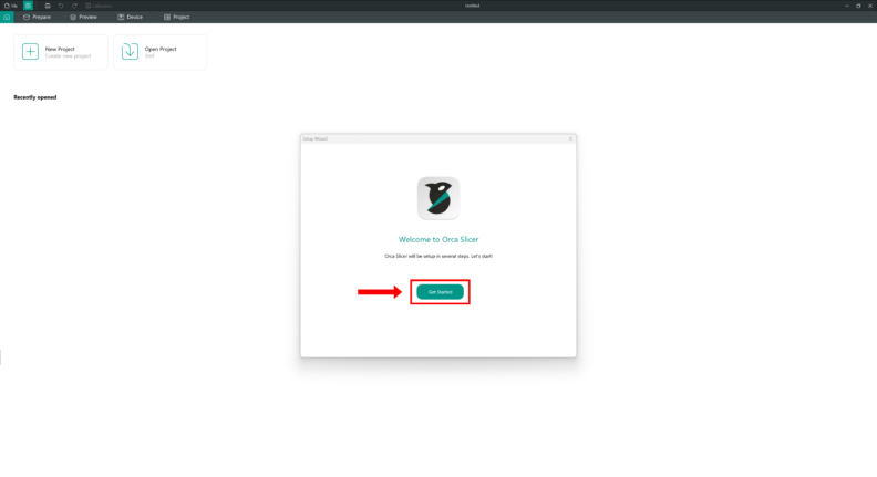 A screenshot of the OrcaSlicer Setup Wizard, with the Get Started button highlighted