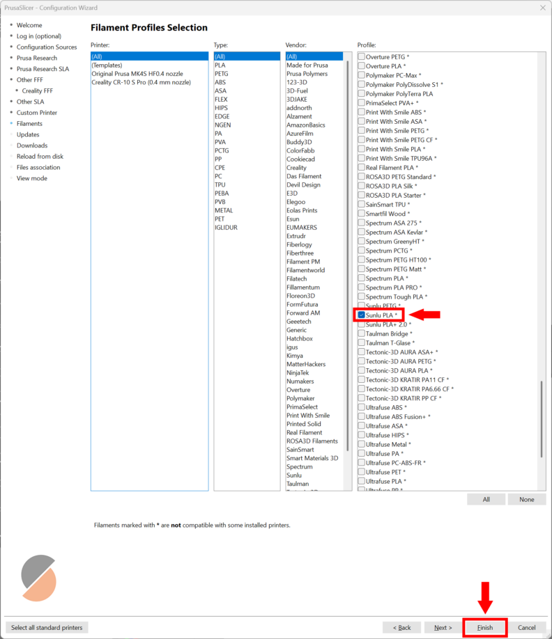A screenshot of the PrusaSlicer Filament Profiles Selection, with the correct options highlighted