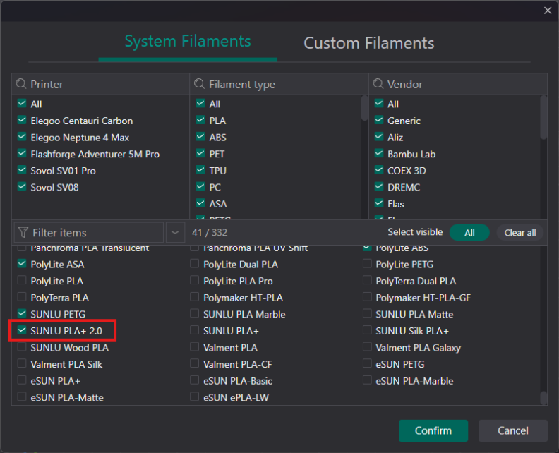 Screenshot of OrcaSlicer filament selection window