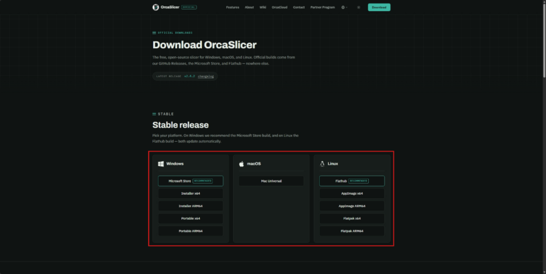 Screenshot of the OrcaSlicer downloads page