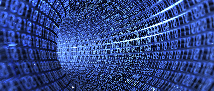 Cybersecurity graphic with tunnel of bits