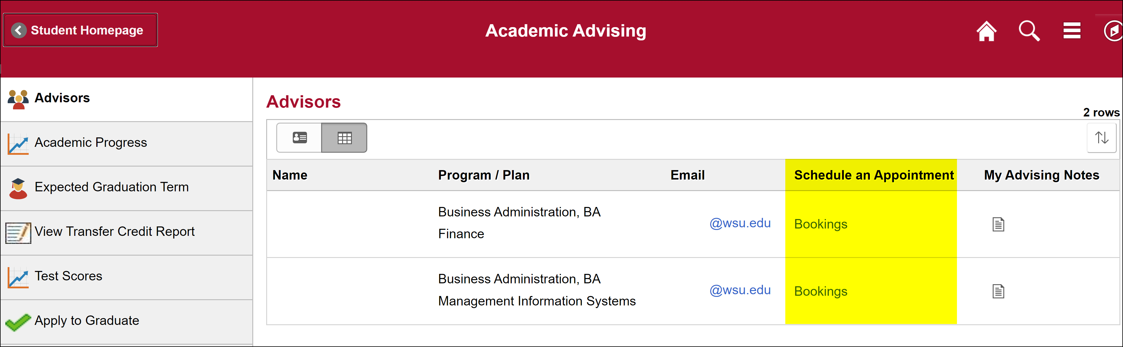 Screenshot highlighting the Schedule Appointment Column on the MyWSU website.