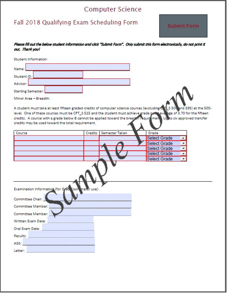 Sample of Computer Science Qualifying Exam Scheduling Form.