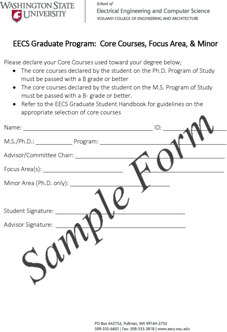 Sample of EECS Graduate Program Core Courses, Focus Area, and Minor declaration form.