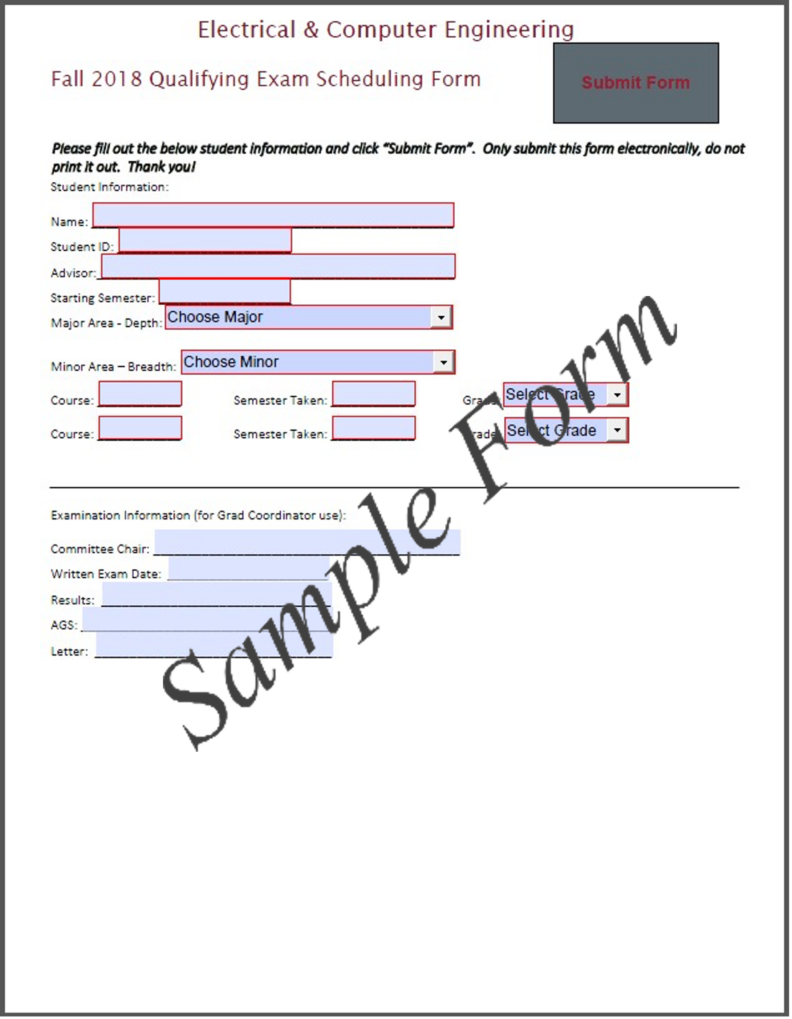 Sample of Electrical & Computer Engineering Qualifying Exam Scheduling Form.