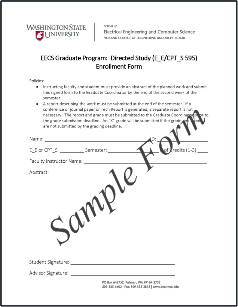 Sample of EECS Graduate Program: Directed Study EE/CPTS 595
Enrollment Form.