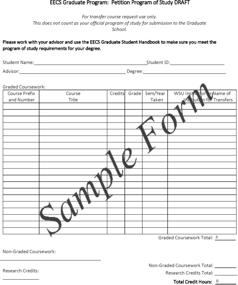 Sample of EECS Graduate Program: Petition Program of Study DRAFT form.