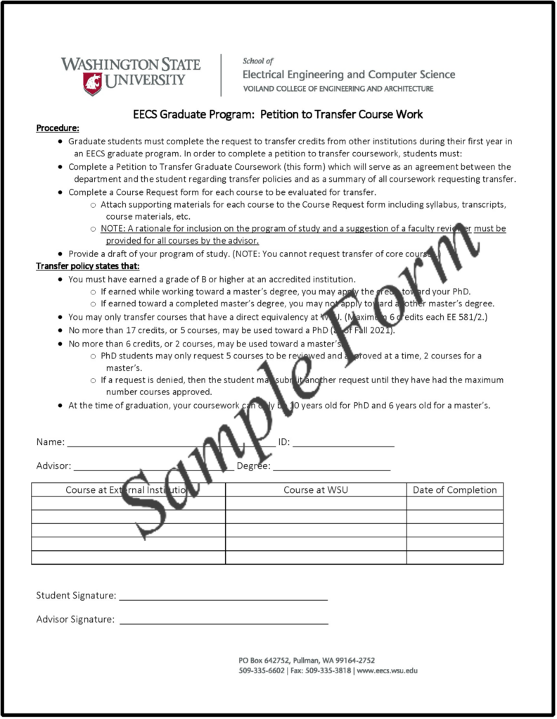 Sample of EECS Graduate Program: Petition to Transfer Course Work form.