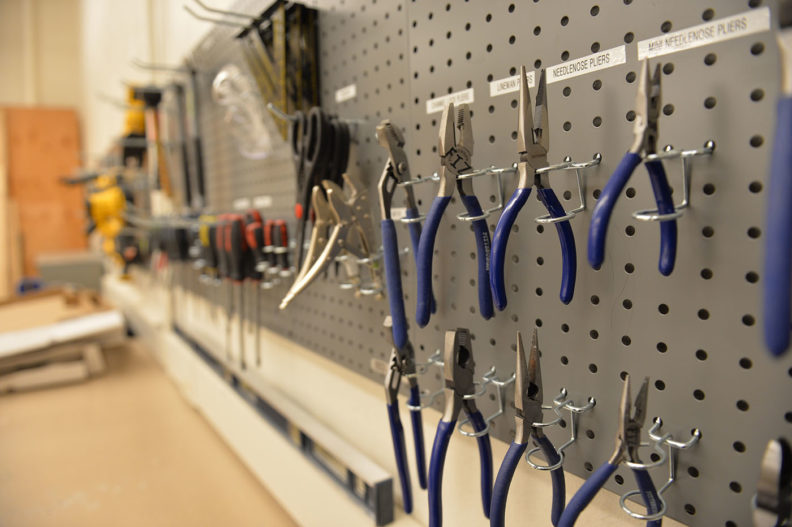 Pegboard displaying tools in the Frank Innovation Zone.