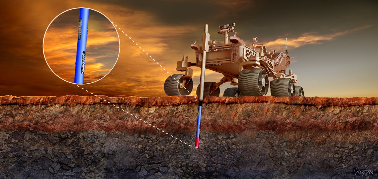 Art of a Mars rover with drilling equipment that descends into the surface.