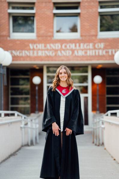 Sydney Troy wearing WSU graduation regalia.