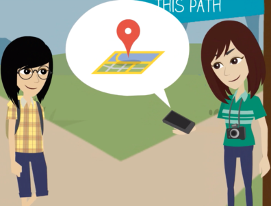 Illustration of a person helping another person with map directions.