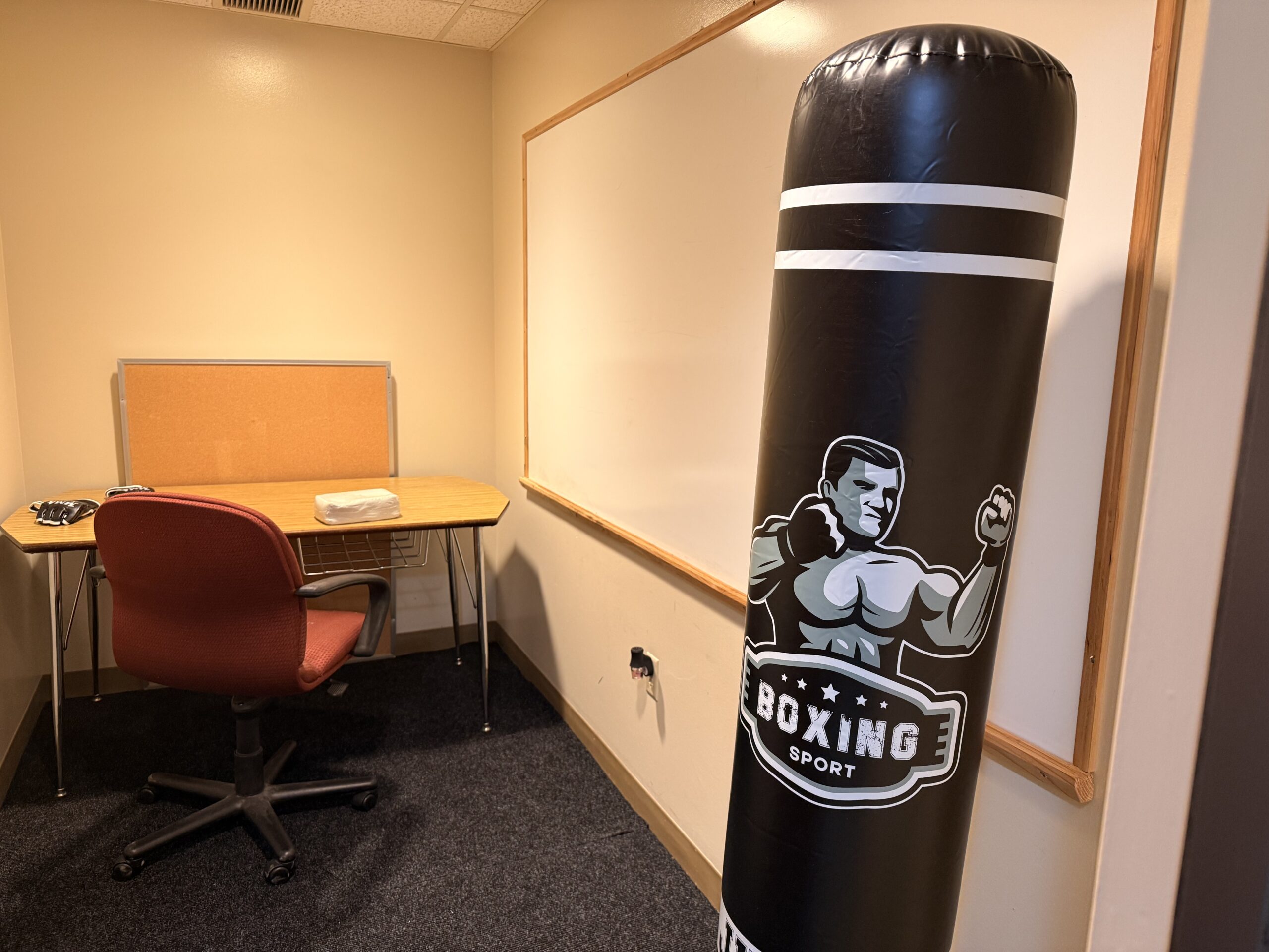 Frustration Room with a punching bag and clay.