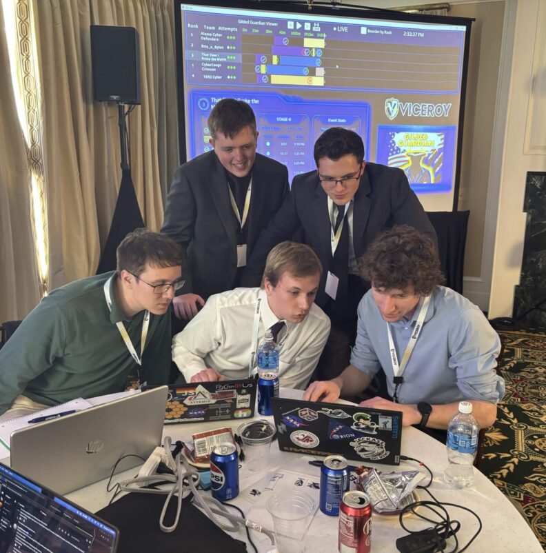 Five people sit around a table with laptops, drinks, and cables, collaborating during a live cybersecurity competition. Behind them, a large screen displays a leaderboard titled “Global Guardian Viewer” with team rankings and event details for “Stage 3: Falcon’s Nest.”