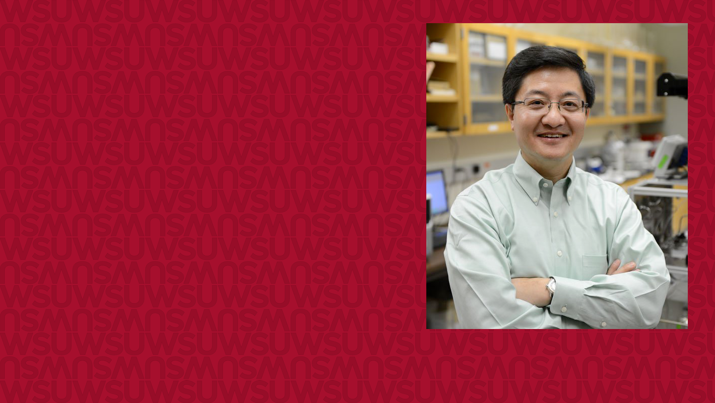 Portrait of Yong Wang on a crimson background repeating WSU.