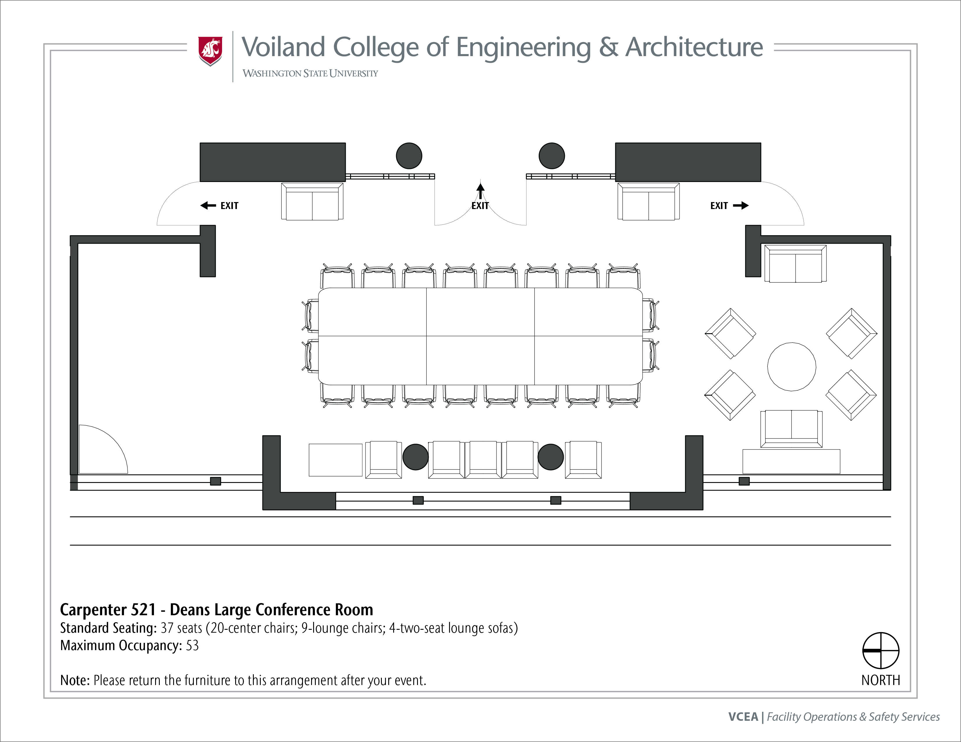 Layout of Carpenter 521, Dean's Large Conference Room, at WSU Pullman. Full description follows.