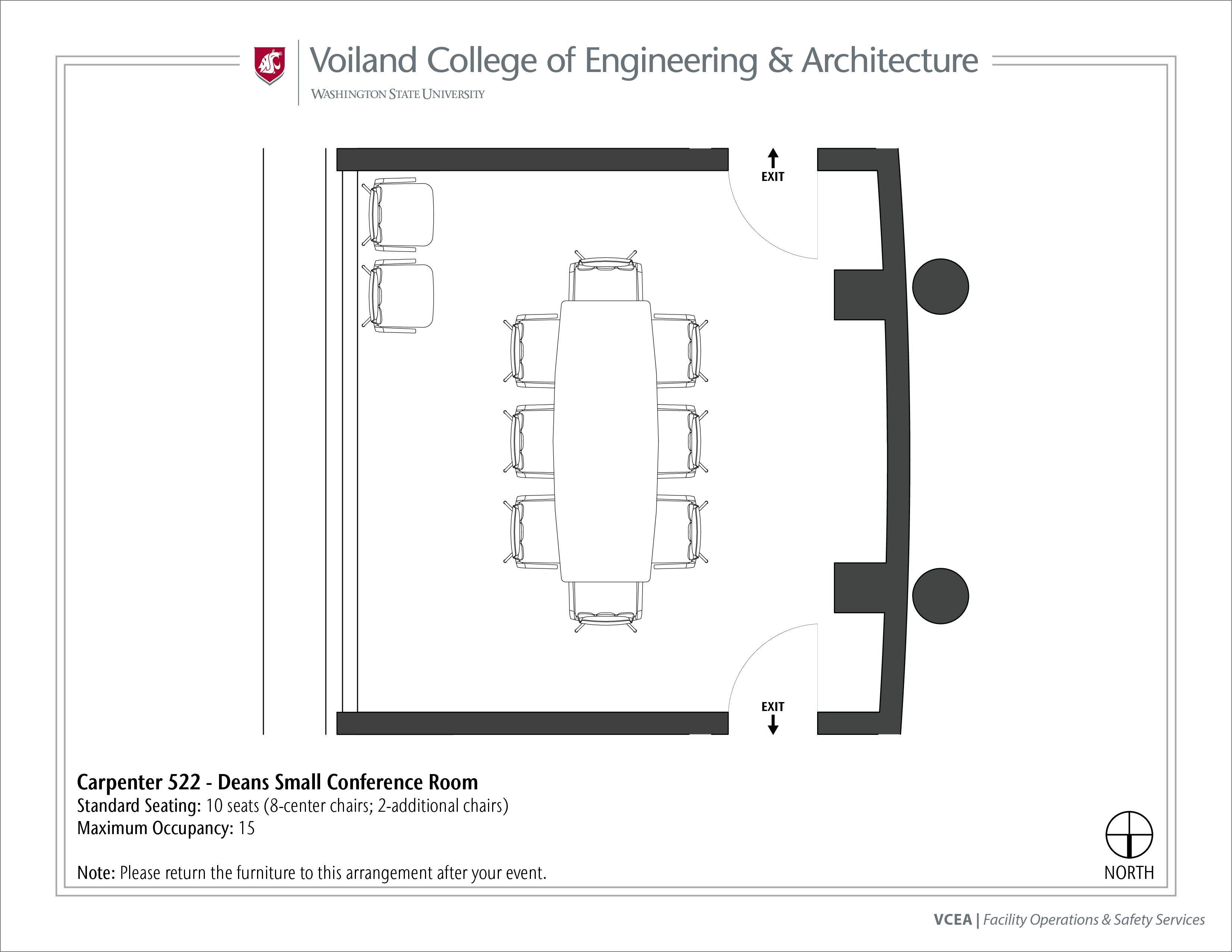 Layout of Carpenter 522, Dean's Small Conference Room, at WSU Pullman. 
Full description follows.