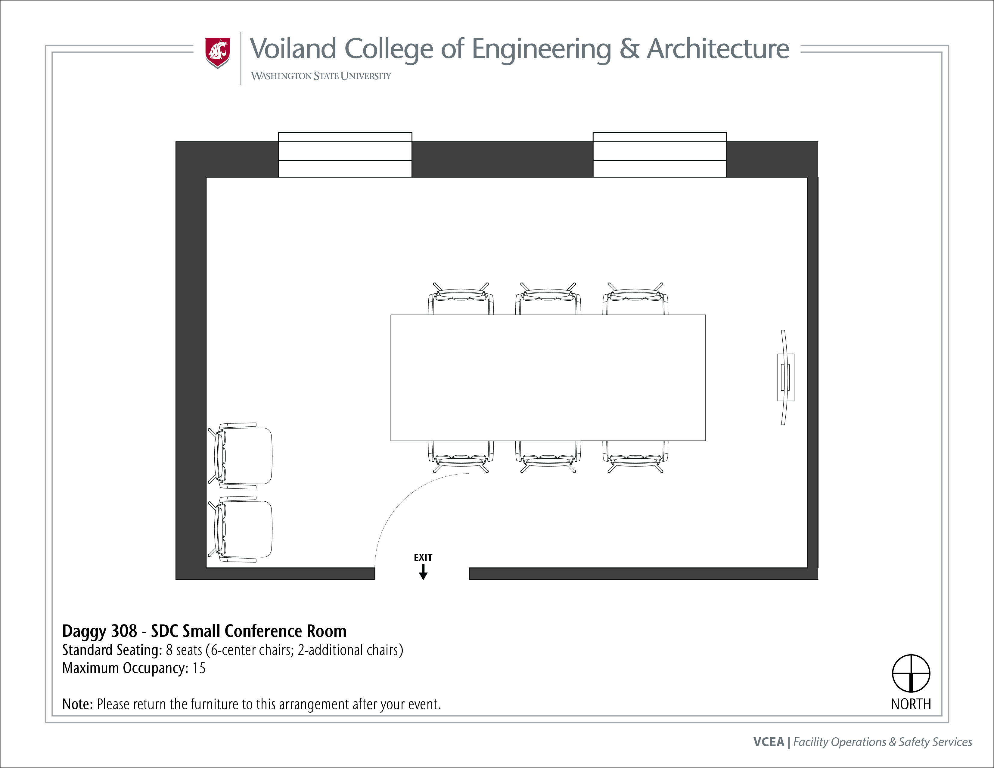 Layout of Daggy 308, SDC Small Conference Room, at WSU Pullman. Full description follows.