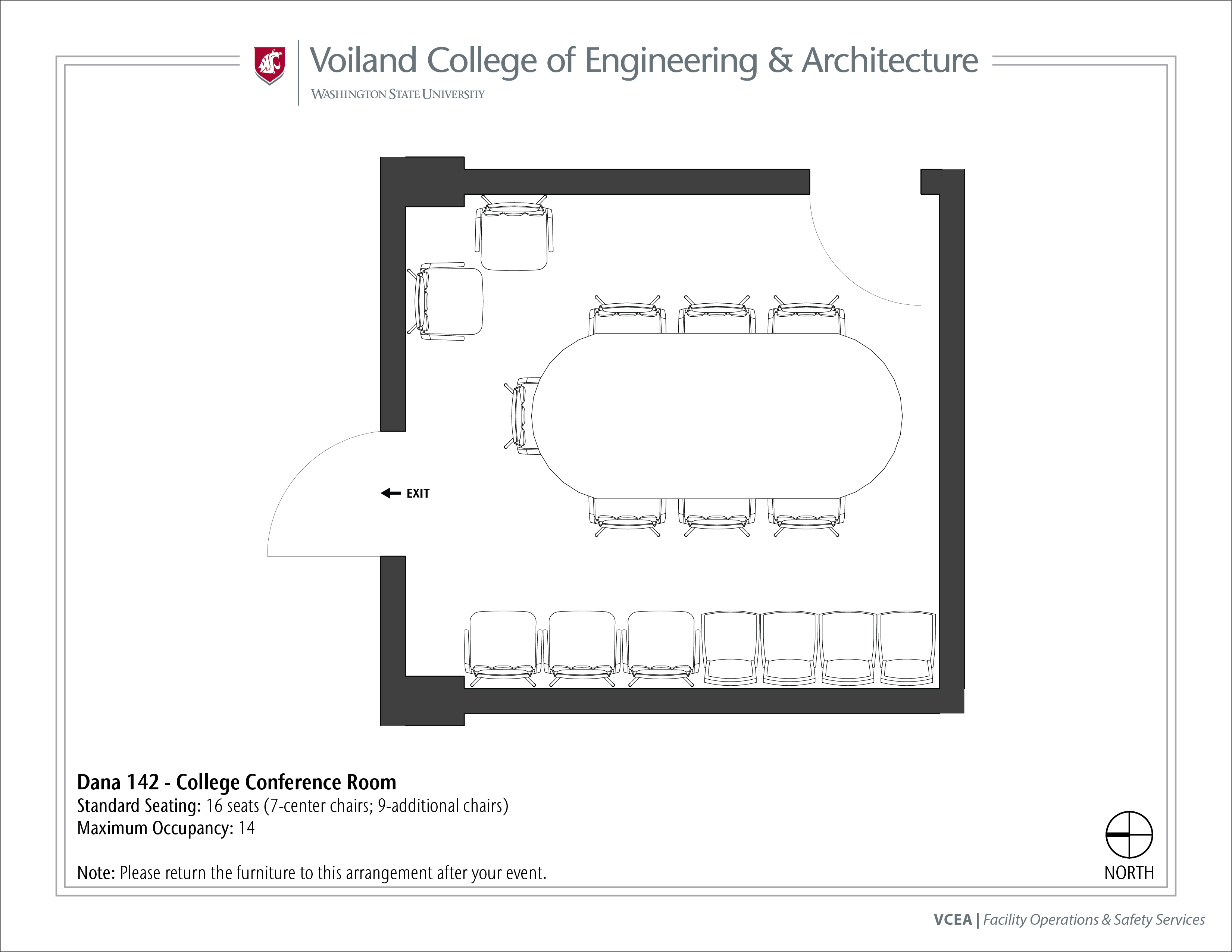 Layout of Dana 142, College Conference Room, at WSU Pullman. Full description below.