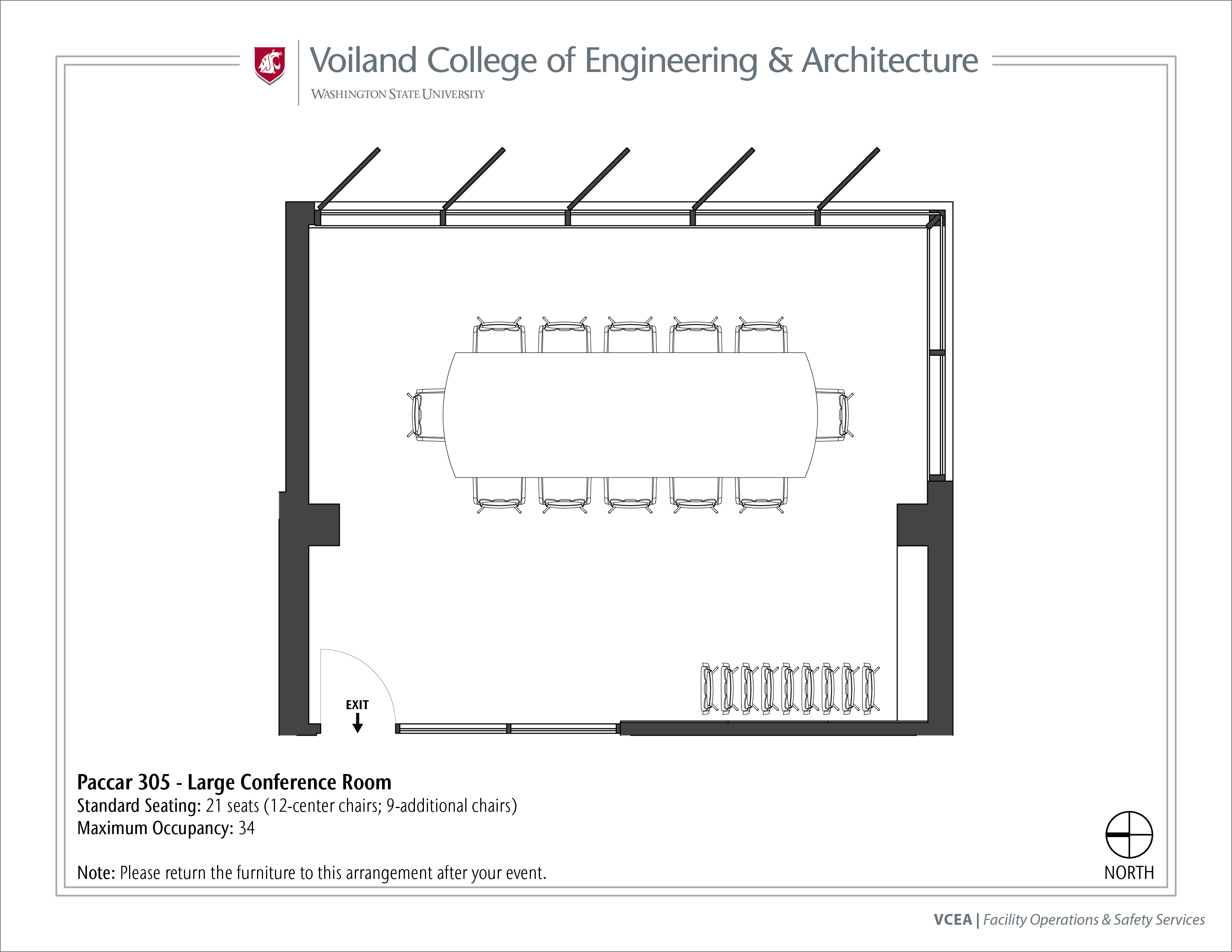 Layout of Paccar 305, Large Conference Room, at WSU Pullman