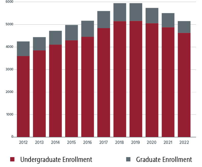 Undergraduate and graduate enrollment bar graph, see table below for data.