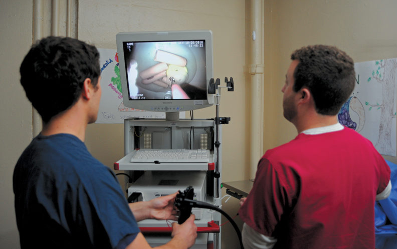 Nick Larson and Drew Fleischman using an endoscope