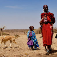 A Maasai woman walking with four children and a dog.