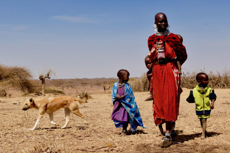 A Maasai woman walking with four children and a dog.