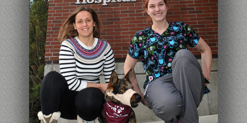 Emilia Terradas, a resident in veterinary Emergency and Critical Care, and tech assistant McKenzie Dress pose with Chief