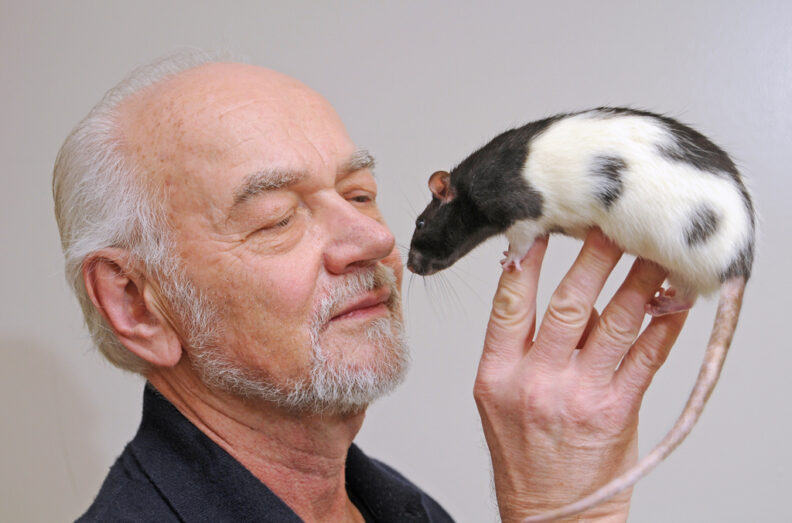 Dr. Panksepp holding a rat up to his face.