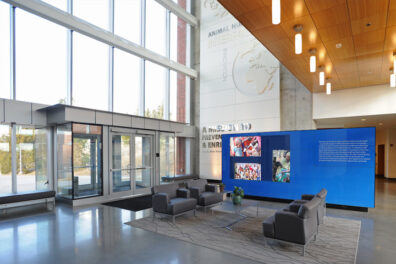 Lobby of the Allen Center with the main entrance on the left.