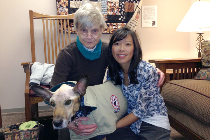Anne Hensley, Scout's owner (left) with Dr. Annie Chen and Scout.