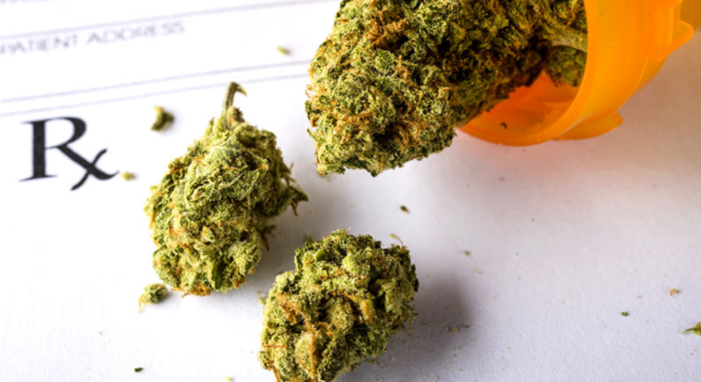 Close up image of cannabis and prescription bottle.