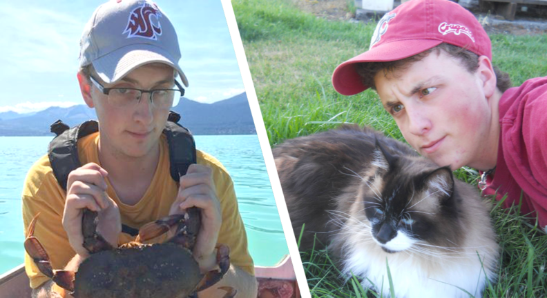 On the left, Seth holding a crab, and on the right, hanging out with his cat.