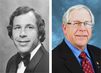 Side-by-side portraits of Dr. Meyer, one from college and the other, current day.