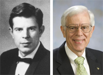 Side-by-side portraits of Dr. Perryman, one from college and the other, current day.