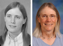 Side-by-side portraits of Dr. Stover, one from college and the other, current day.