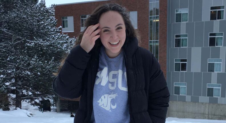 Hannah Mouradian enjoying the snow on the WSU campus.