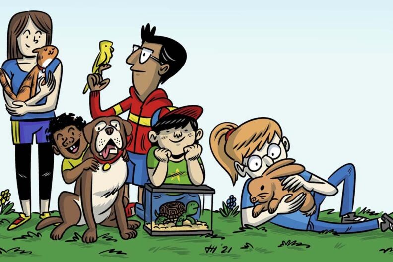 Jonathan Hill illustration. Five people of different ages, each with a unique pet.