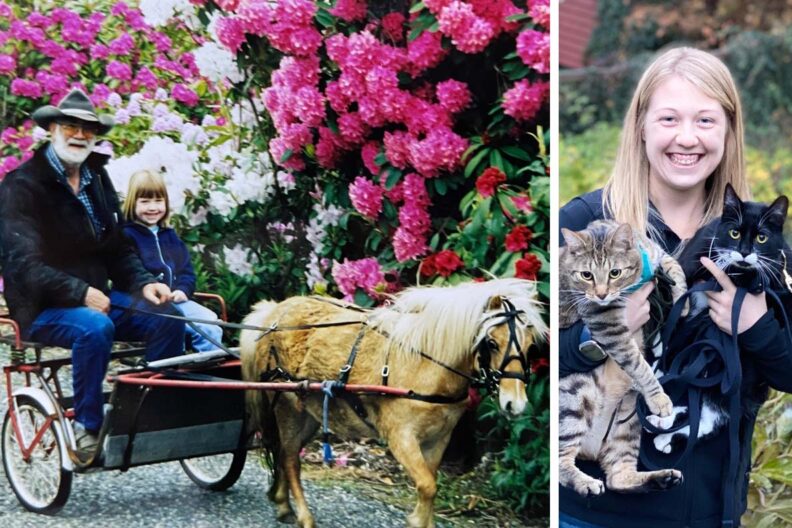 Tessa as a child with her grandfather and current day with her 2 cats.